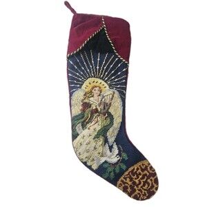 Vintage Large Needlepoint Christmas Stocking Wool Velvet Angel Harp Dove
